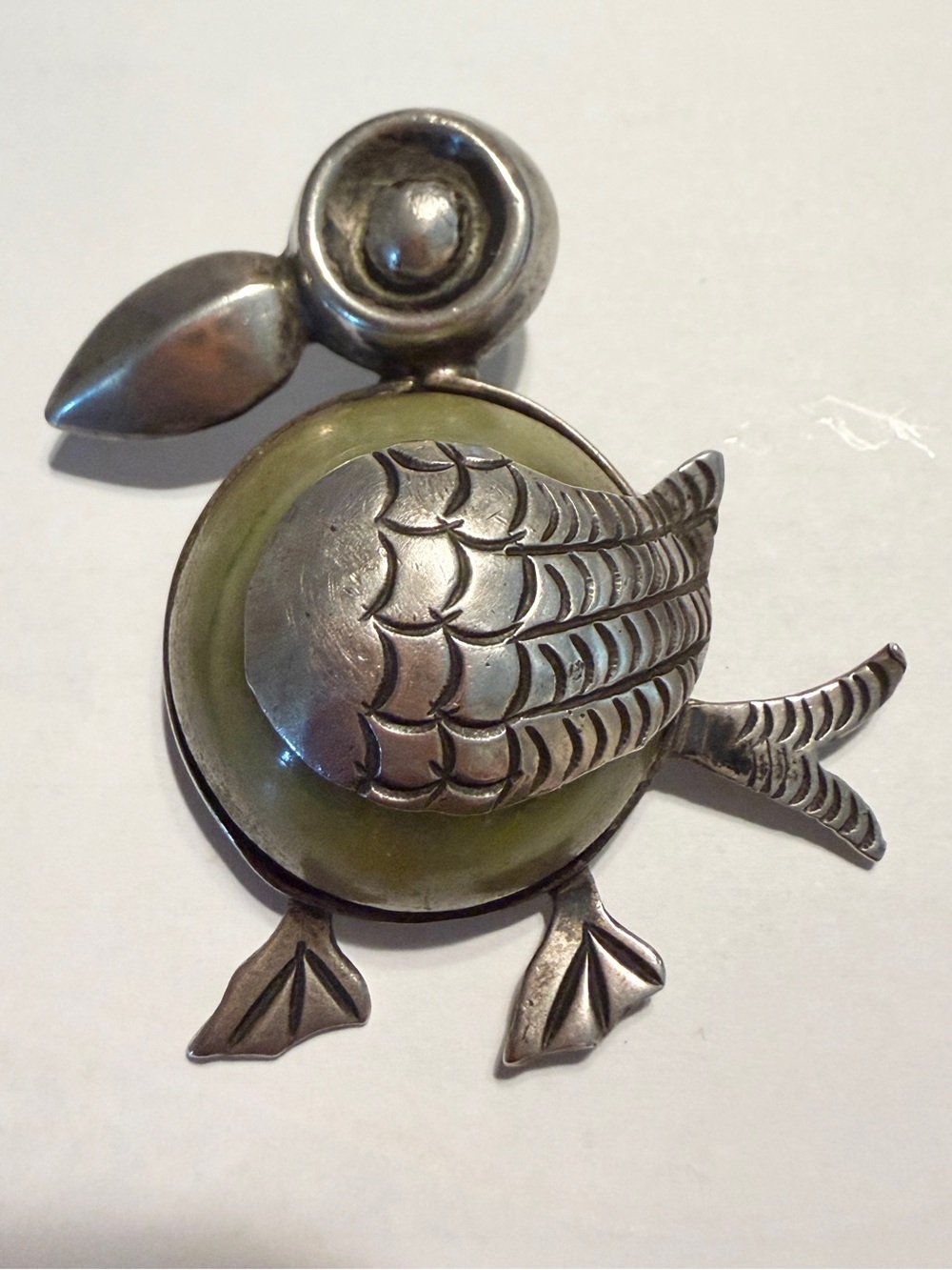 Whimsical Vintage Mid-Century Mexican Silver & Green Onyx Duck Pin